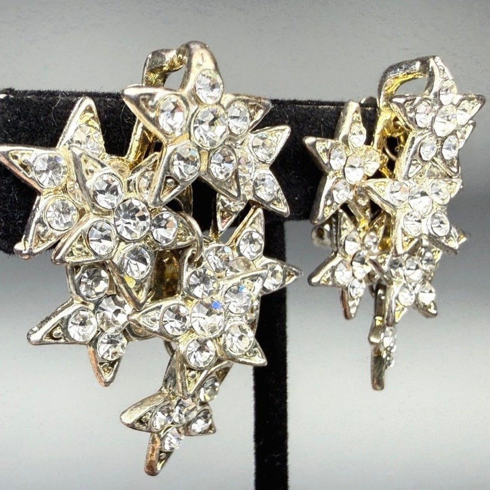 VTG Dangle Star Rhinestone Clip On Earrings Cluster Silver Tone 1980s Celestial